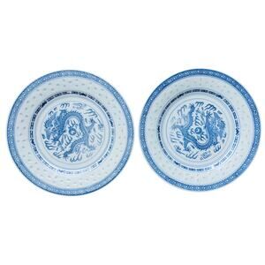 2 Jingdezhen Blue & White Dragon Plates Rice Eyes Porcelain 9" *minor fading